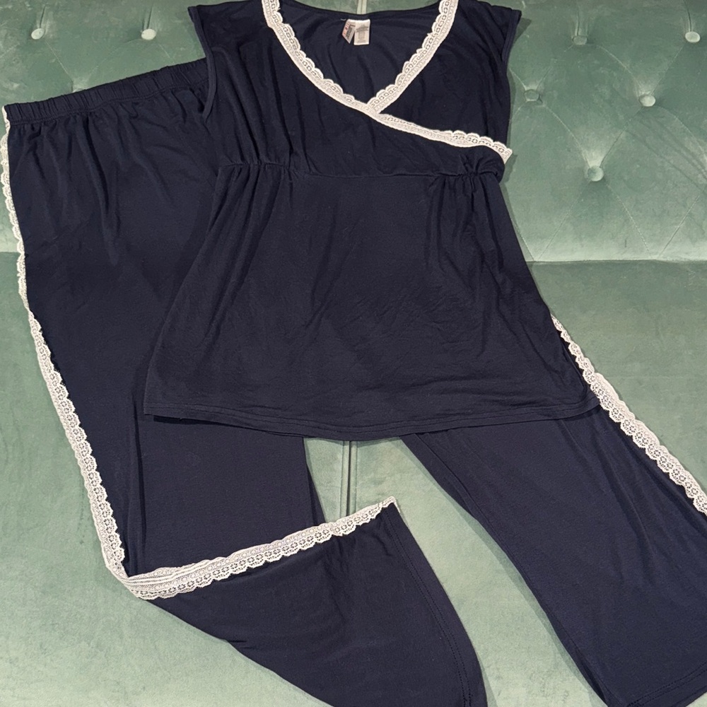 Lamaze Dark Blue Nursing Pajama Set with White Lace